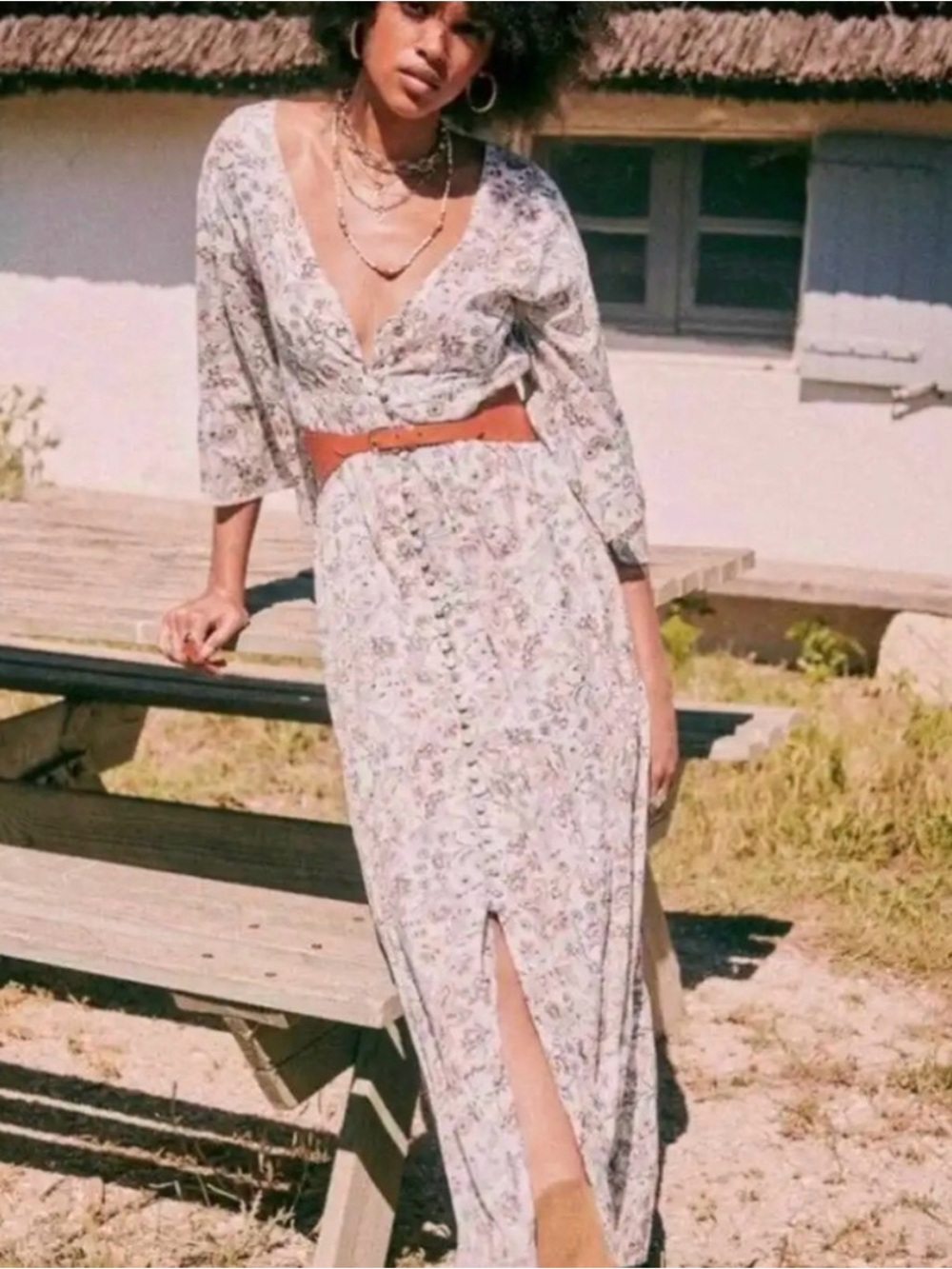 Sezane Bonnie Dress Botanical Garden Floral Button-Front Maxi